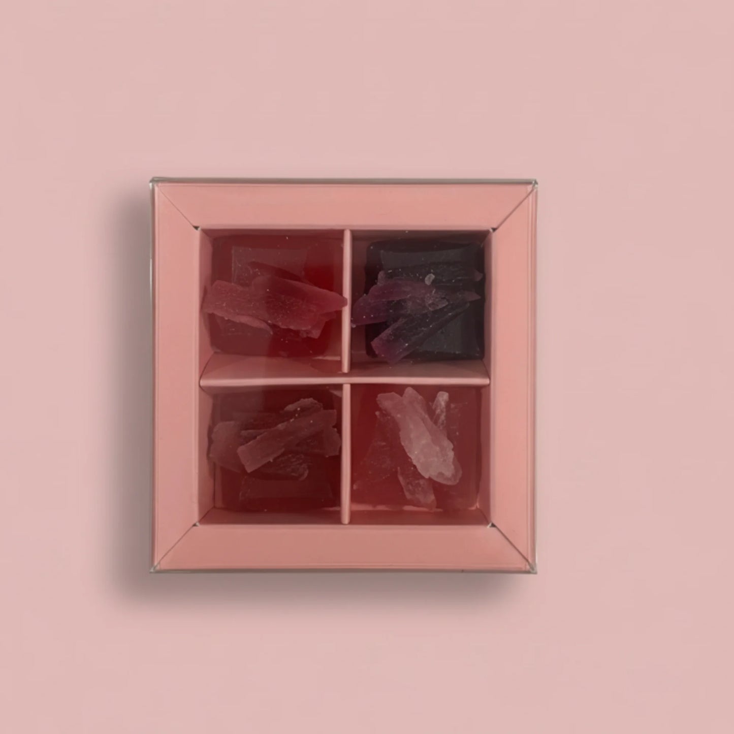 Mini-Box mit 4 essbaren Kristallen mit roten Früchten