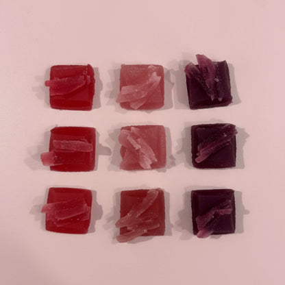 Mini-Box mit 4 essbaren Kristallen mit roten Früchten