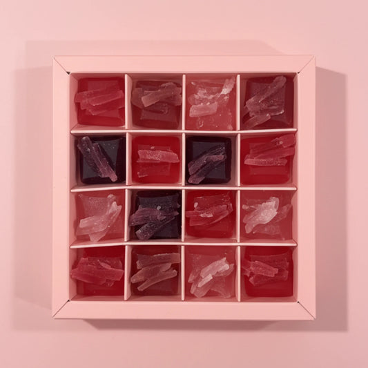 Mini-Box mit 4 essbaren Kristallen mit roten Früchten